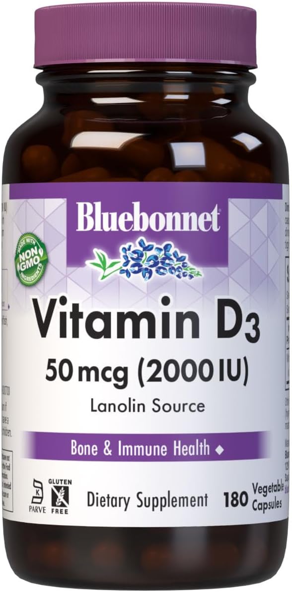 Bluebonnet Nutrition Vitamin D3 2000 IU Vegetable Capsule, Aid in Muscle and Skeletal Growth, Cholecalciferol from Lanolin, D3, Non GMO, Gluten Free