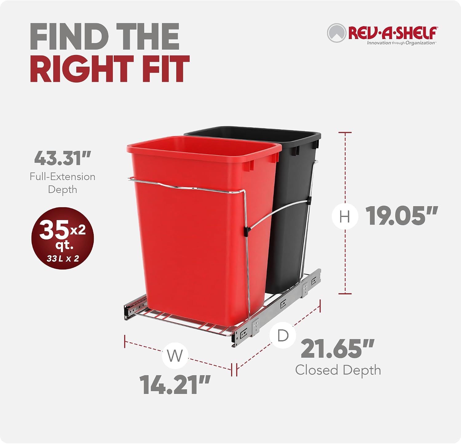 Rev-A-Shelf Double Pullout Garbage Trash Cans for Kitchen Cabinets, 35 Qt