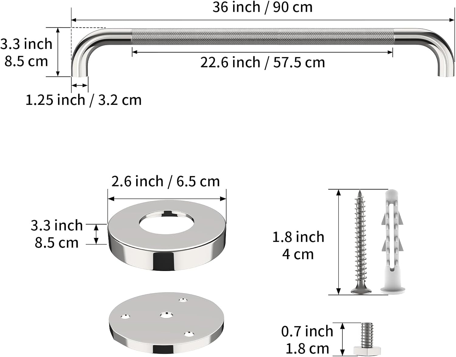 40 Inch Brushed Nickel Shower Grab Bar Anti-Slip Knurled Grip,Safety Handle | YuanDe 1.25" Diameter Stainless Steel Bathroom Grab Bars, Handicap Injury Elderly Senior Assist Support Shower Handle-2Packs