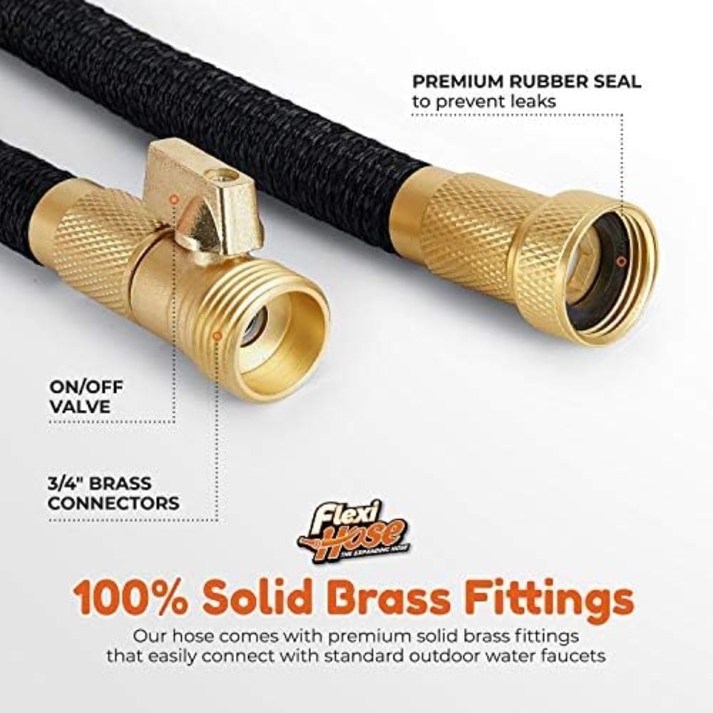 Flexi Hose Lightweight Expandable Garden Hose, 50FT - Retractable Garden Hose, Water Hose - No-Kink Flexibility, 3/4 Inch Solid Brass Fittings and Double Latex Core