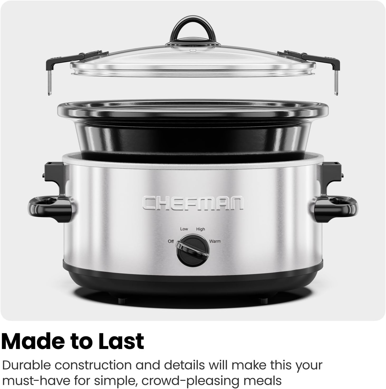Chefman Triple Slow Cooker & Food Warmer, Three Crock Slowcooker with 2.5 Qt. Ceramic Crocks, 7.5-Quart Total Capacity, PFAS-Free, Three Temperature Settings, Dishwasher-Safe Parts – Stainless Steel
