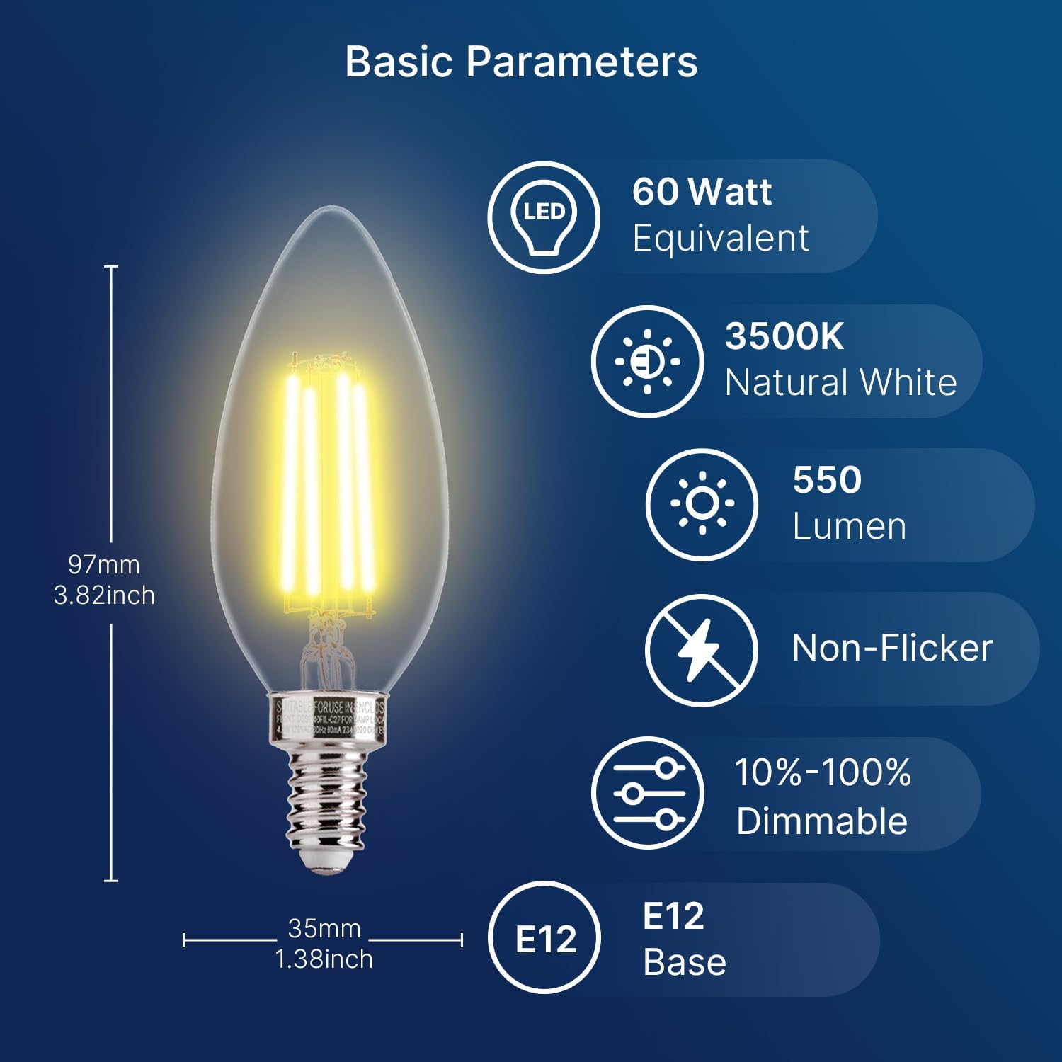 60W Equivalent LED Chandelier Light Bulbs, Dimmable, E12 Base, Clear B11 LED Filament Candelabra Bulbs, 2700K Soft White, 6 Pack