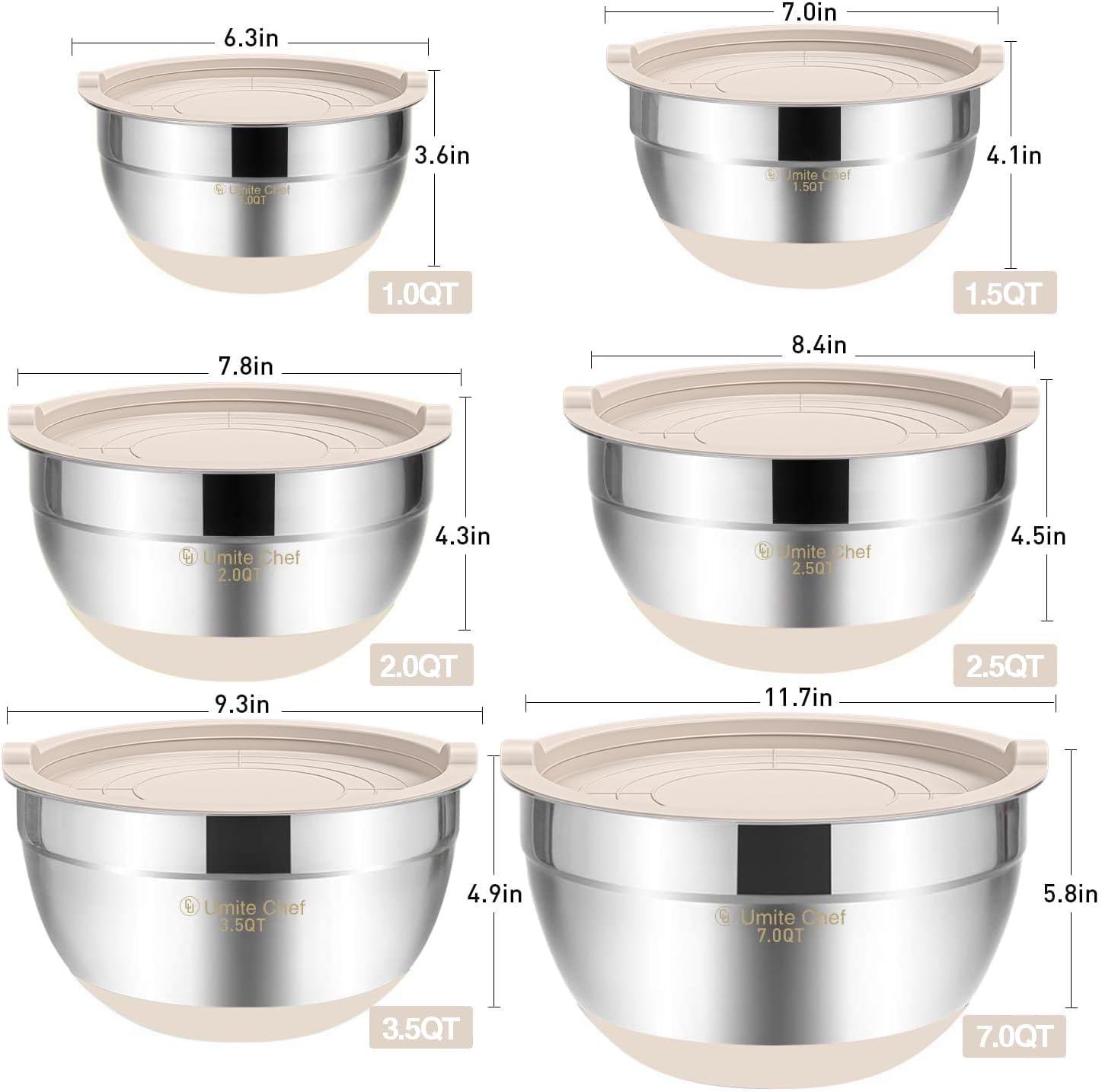 Umite Chef Mixing Bowls with Airtight Lids, 6 Piece Stainless Steel Metal Bowls, Measurement Marks & Colorful Non-Slip Bottoms Size 7, 3.5, 2.5, 2.0,1.5, 1QT, Great for Mixing & Serving