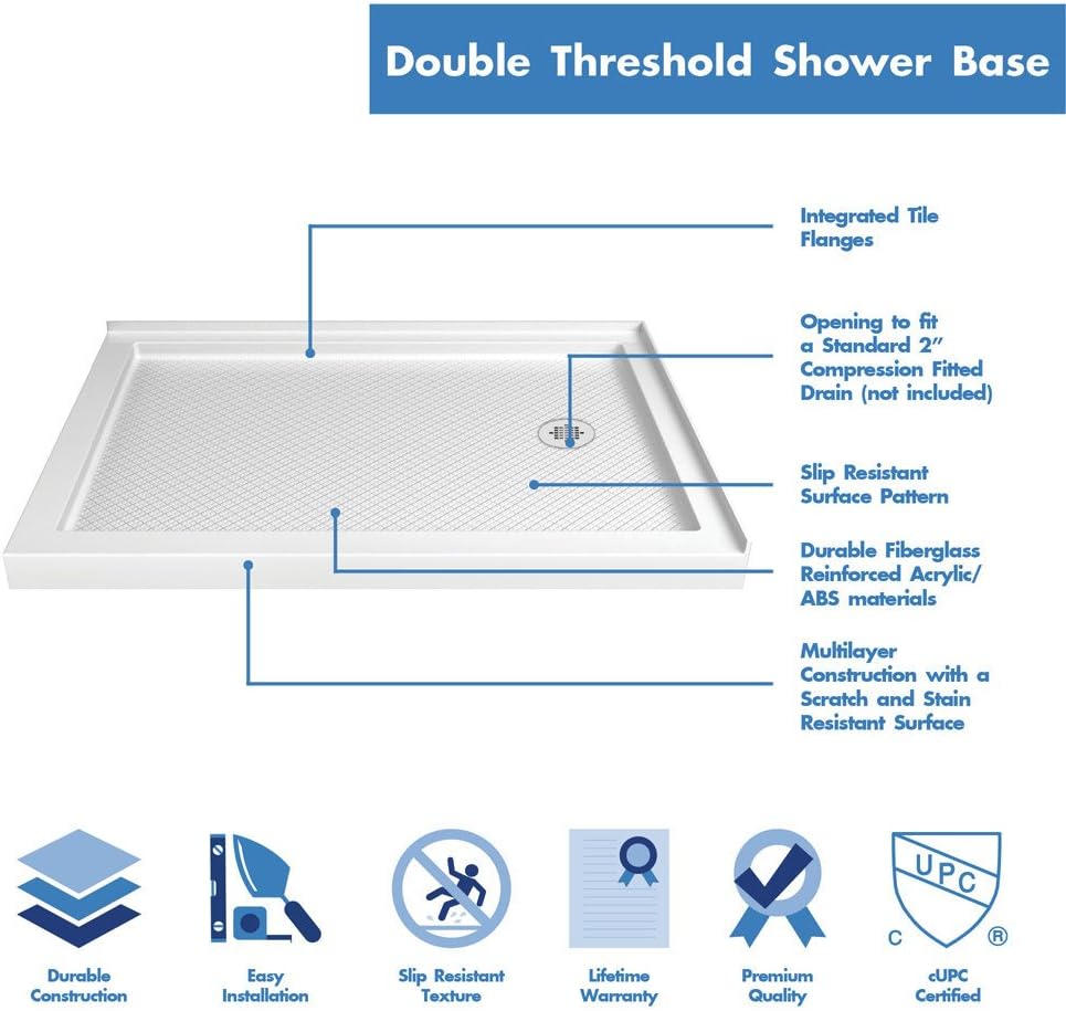 DreamLine SlimLine 34 in. D x 48 in. W x 2 3/4 in. H Right Drain Double Threshold Shower Base in White, DLT-1034482