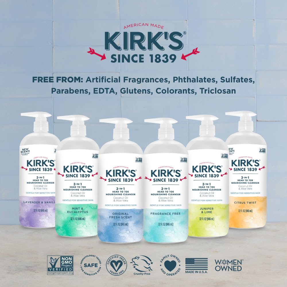 Kirk's Juniper & Lime​ 3-in-1 Nourishing Cleanser, Shampoo Body Wash Bubble Bath, Coconut Oil and Aloe Vera, Vegan Non-GMO, 32 Fl Oz
