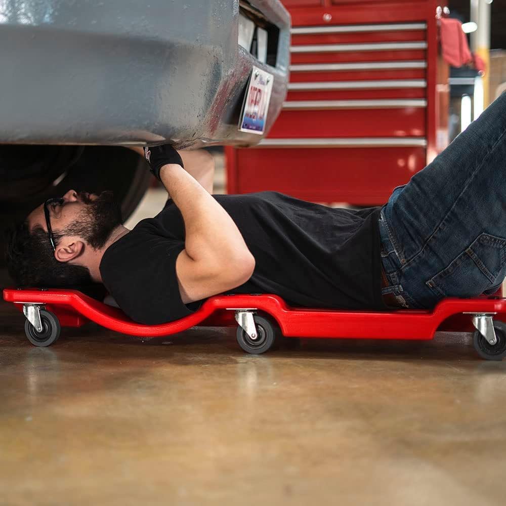 AFF XL Mechanic's Creeper - 47" Length Ergonomic Creeper with Padded Headrest & Magnetic Tool Trays - Super Duty