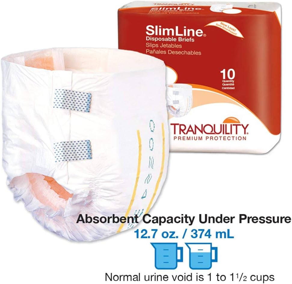 Tranquility Slimline Original Adult Disposable Brief, Adult X-Small, Incontinence Care with a Slimmer Fit, Peach Mat Core & Kufguard Technology for Max Comfort, Latex-Free, 10.9oz Capacity, 100ct Case