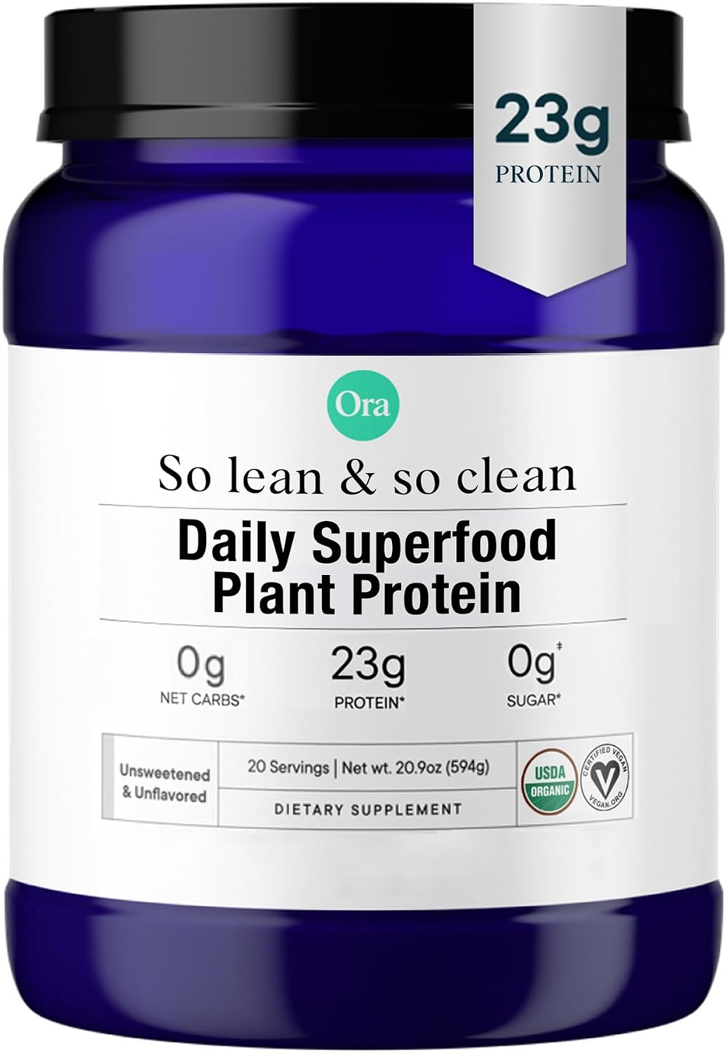 Ora Organic Plant-Based Protein Powder - 23g Protein for Women and Men - Vanilla Flavor 20 Servings, Vegan, Clean Protein, Third-Party Tested, Gluten-Free - 20 Servings