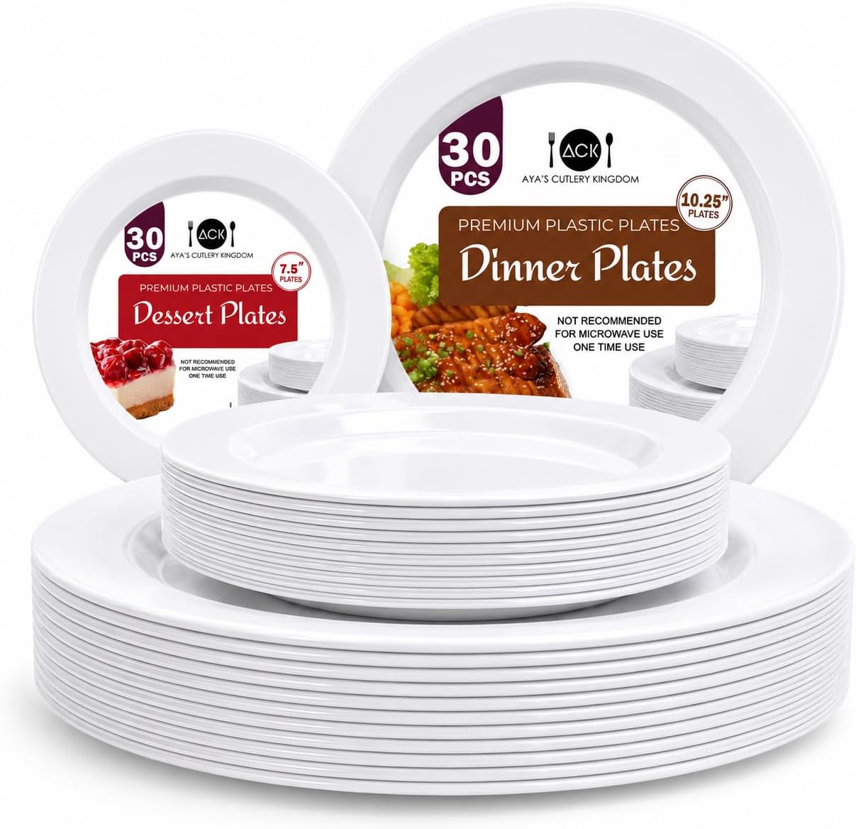 Aya's 60ct Square Plastic Disposable Plates, White - 9.5-Inch 30 Dinner and 6.5-Inch 30 Salad Plates for Party - Heavy-Duty Hard Plastic Design for Wedding, Event, Christmas, and Thanksgiving
