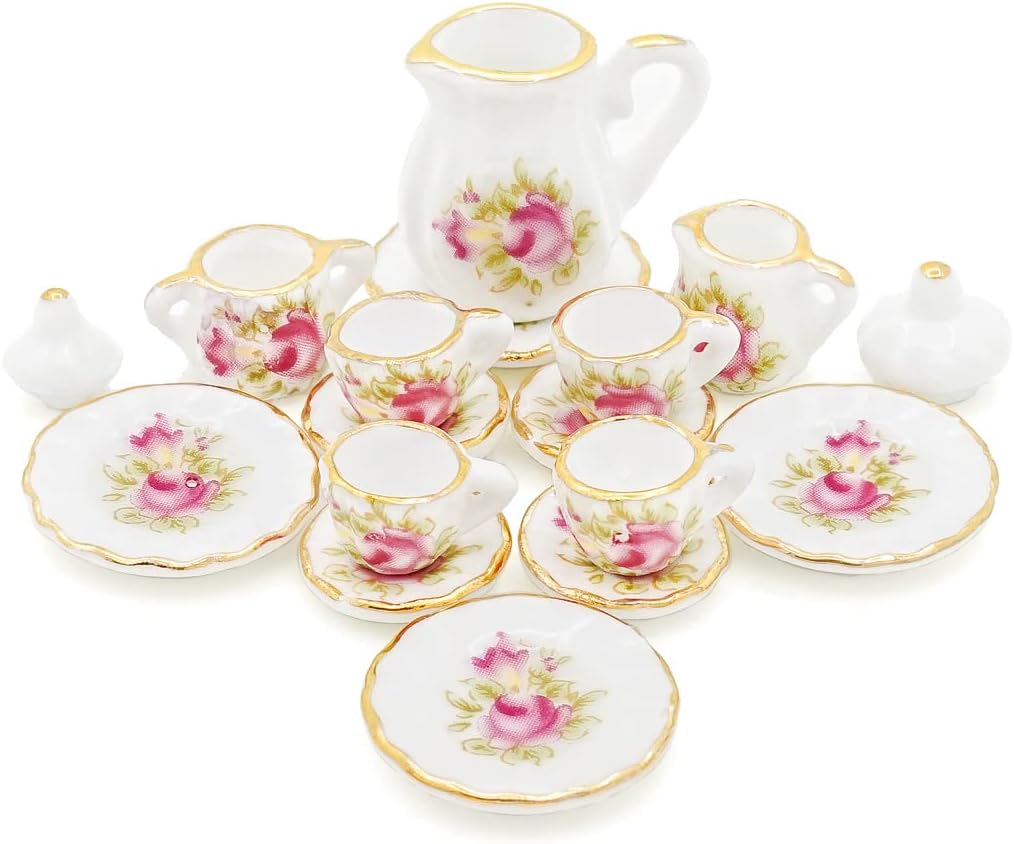 Odoria 1/12 Miniature Porcelain Tea Set 15Pcs Dollhouse Decoration Accessories, Grapes