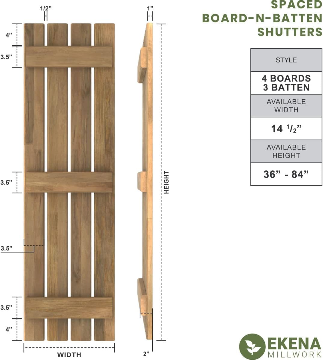 15 1/2"W x 72"H Americraft Four Board (3 Batten) Exterior Real Wood Spaced Board-n-Batten Shutters (Per Pair), Unfinished