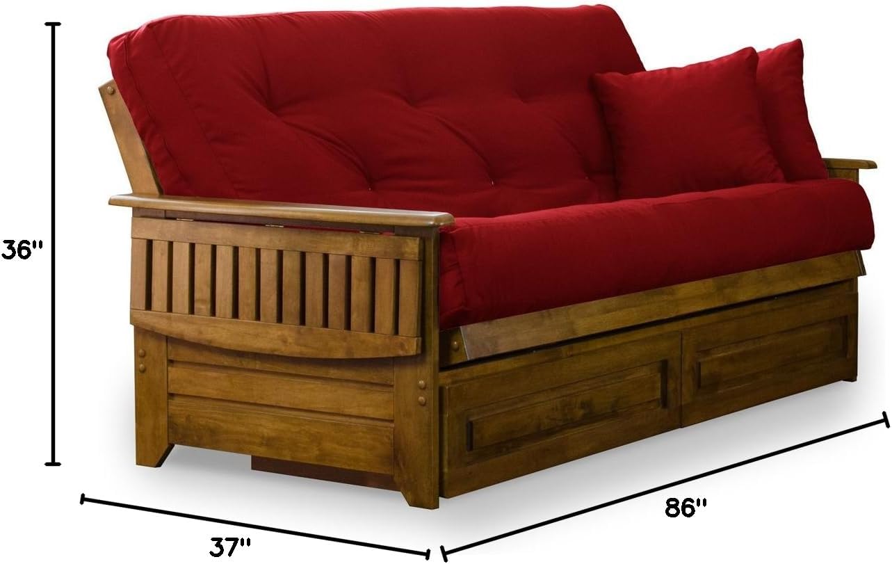 Brentwood Tray Arm Futon Frame, Drawers, and Khaki Mattress Set - Queen, Rich Heritage Finish
