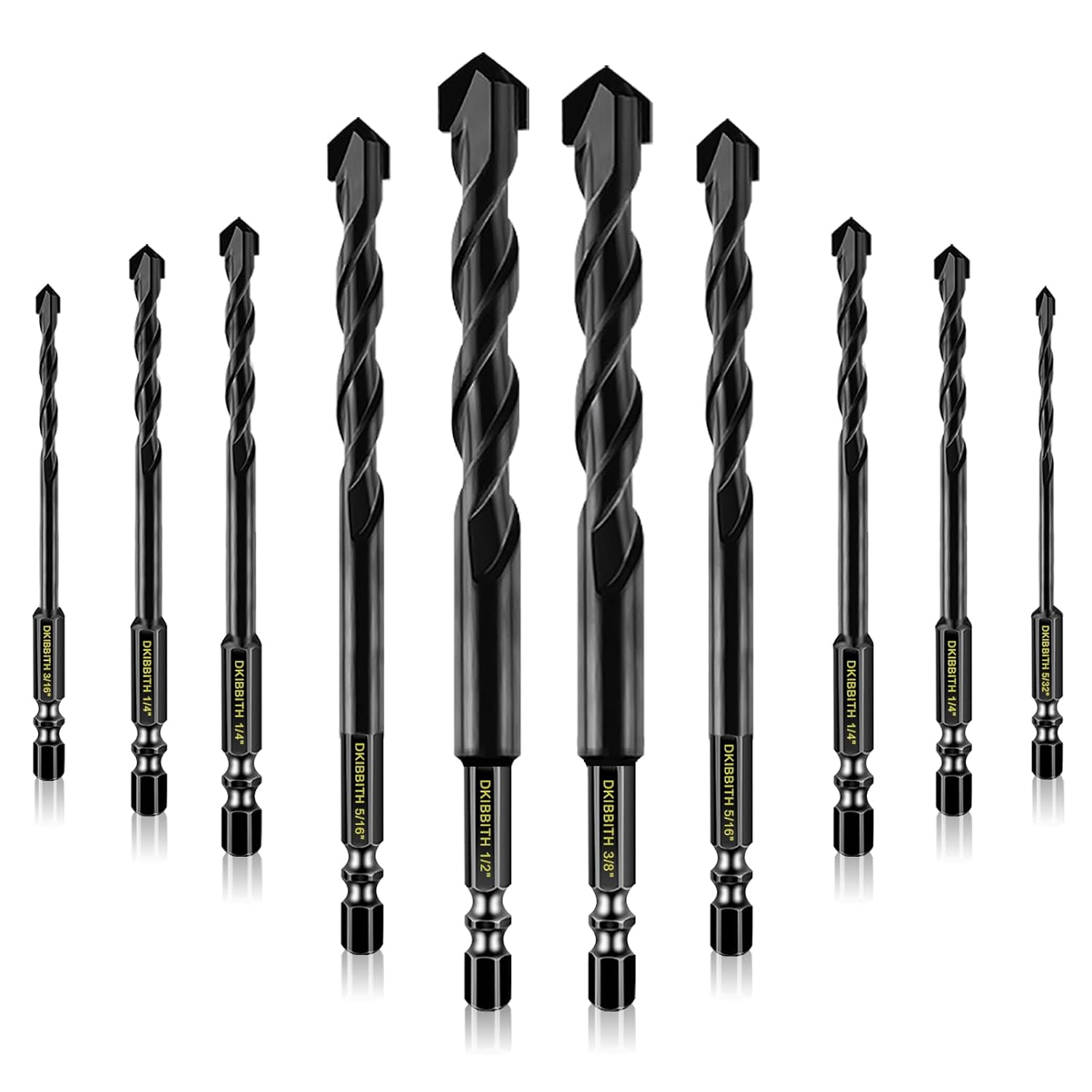 10-Piece Masonry Drill Bit Set for Concrete Tile Glass Ceramic Brick, 1/8 to 1/2 Inch Drilling Bits with Triangle Handle