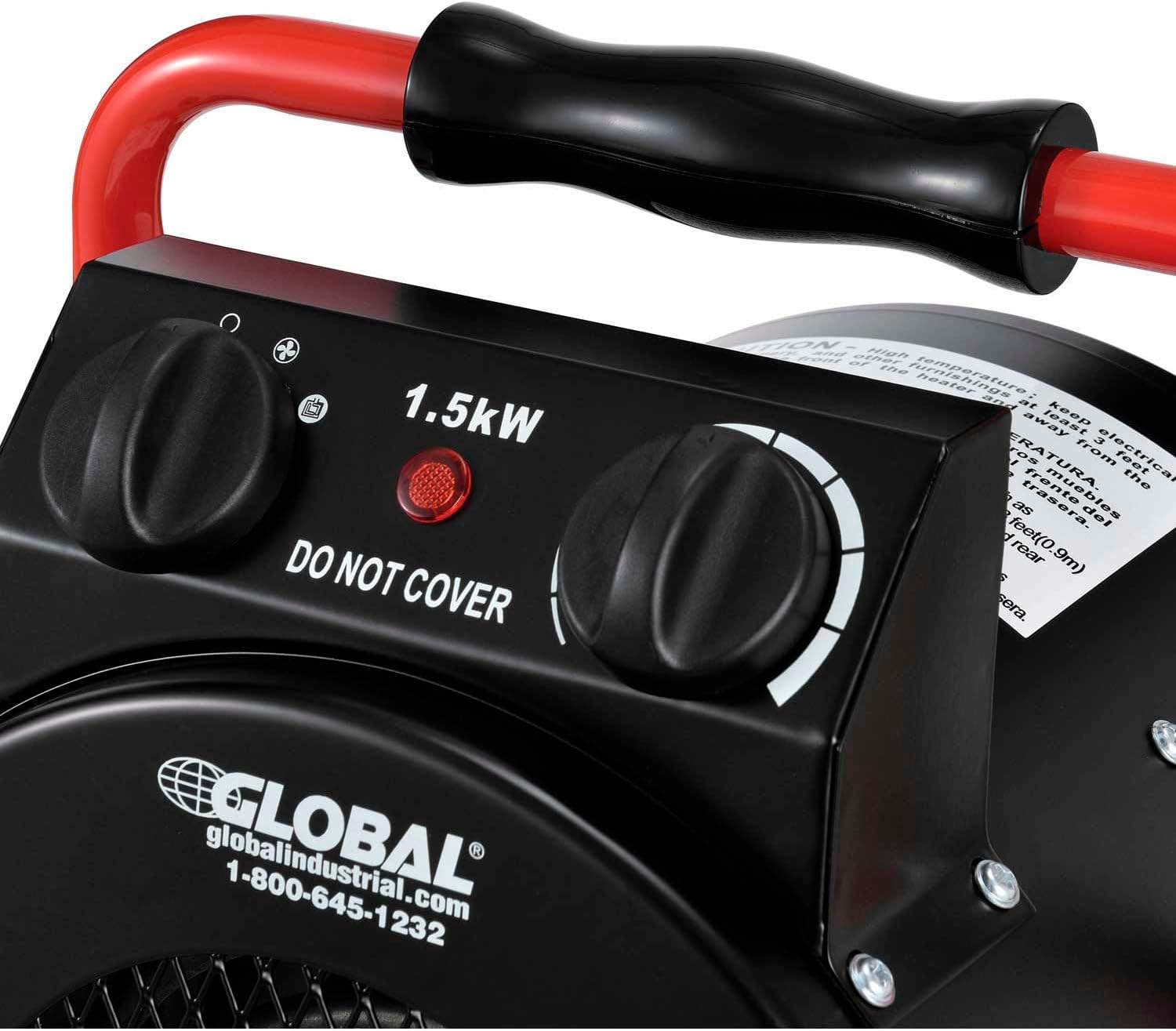 Global Industrial Portable Electric Space Heater With Built-in Thermostat | Ergonomic Handle, 5120 BTUs, 1500 Watt, 120V, For Garages, Warehouses
