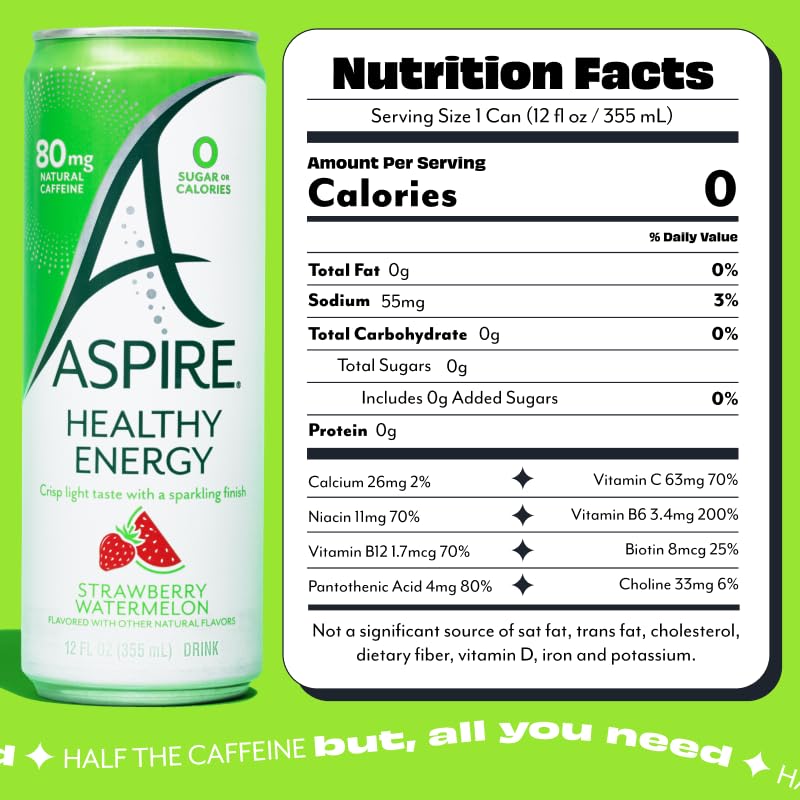 ASPIRE® Raspberry Acai, Healthy Energy Drink 80mg Natural Caffeine, Zero Sugar No Carbs Keto Friendly, 12 Pack Green Tea Sugar Free Drink Low Caffeine Zero Calorie
