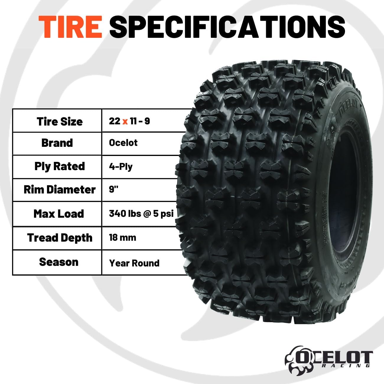 P357 ATV Rear Tire 22x11-9 GNCC Holeshot Sport RAZR Style 4-Ply Bias Construction with Non-Directional Tread Pattern For Durability, Grip