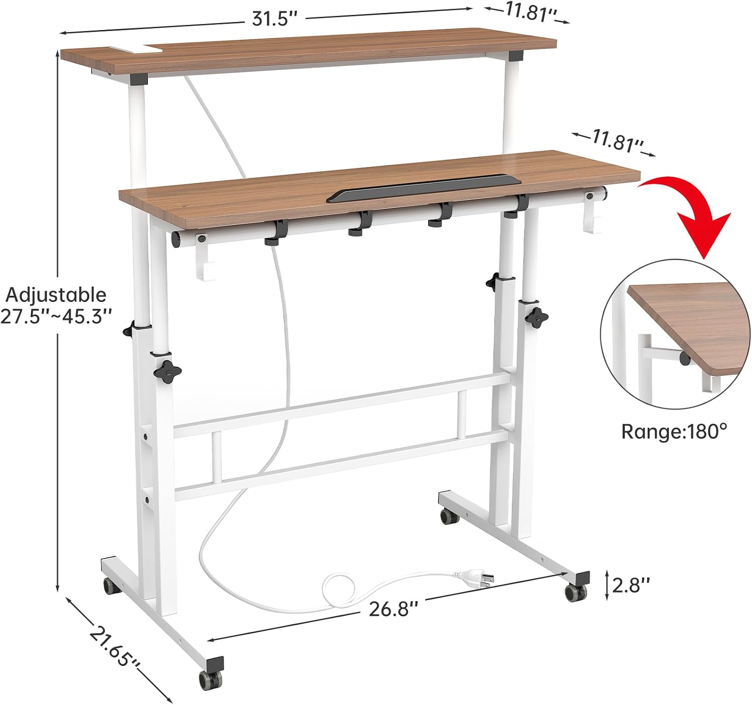 SIDUCAL Mobile Standing Desk, Portable Stand Up, Small Adjustable Converter with Wheels Home Office Workstation, Rolling Desk Laptop Cart for Standing or Sitting, Black