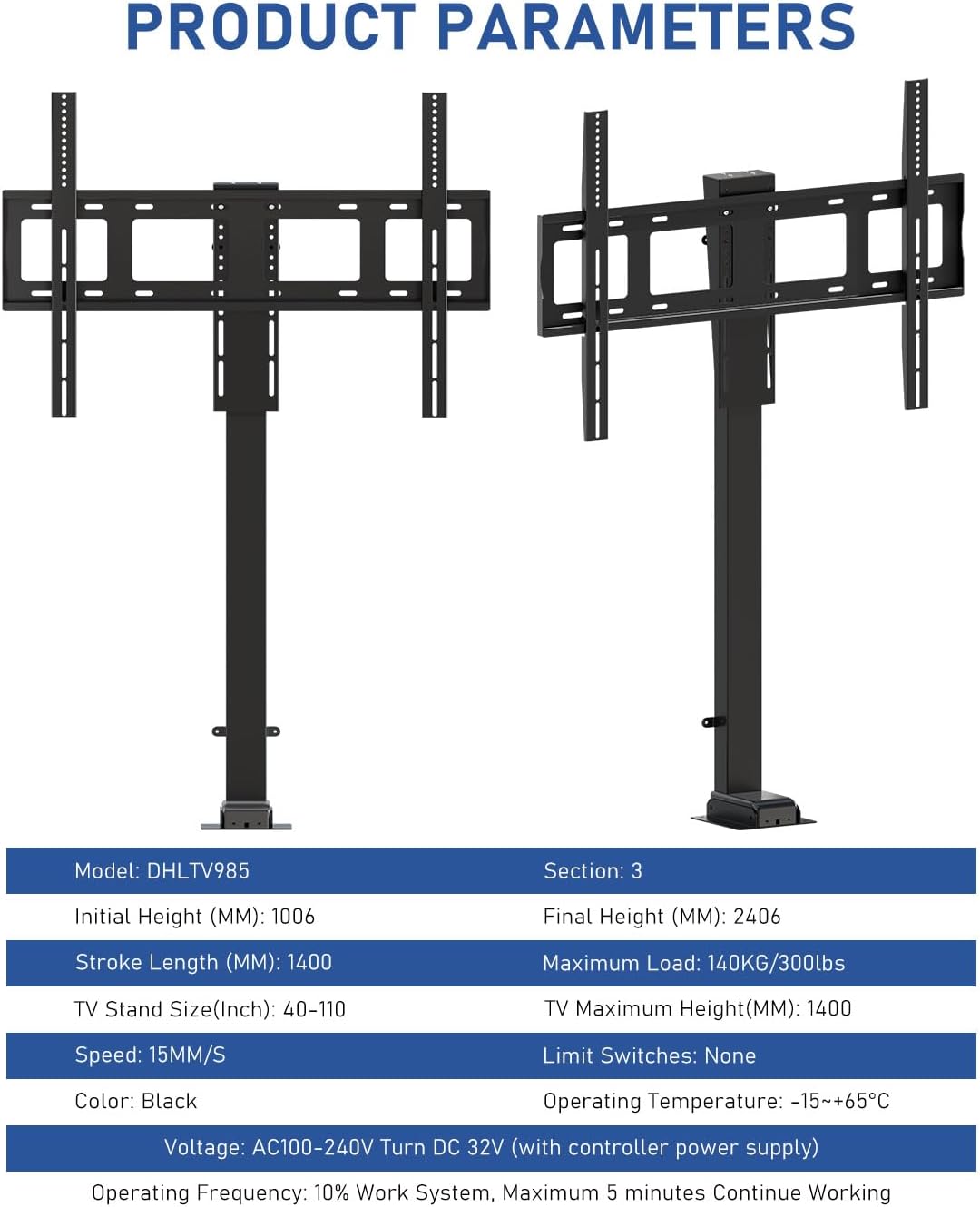 DIHOOL Motorized TV Lift for 85″ - 100″Giant Screen TVs, Pop Up Vertical TV Stand with Remote Control and Obstacle Detection, 59″ Stroke