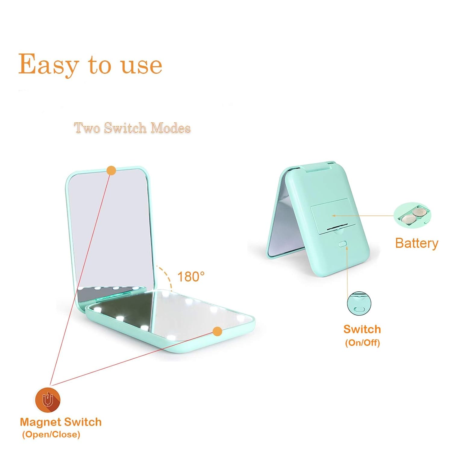 Kintion Pocket Mirror, 1X/3X Magnification LED Compact Travel Makeup Mirror with Light for Purse, 2-Sided, Portable, Folding, Handheld