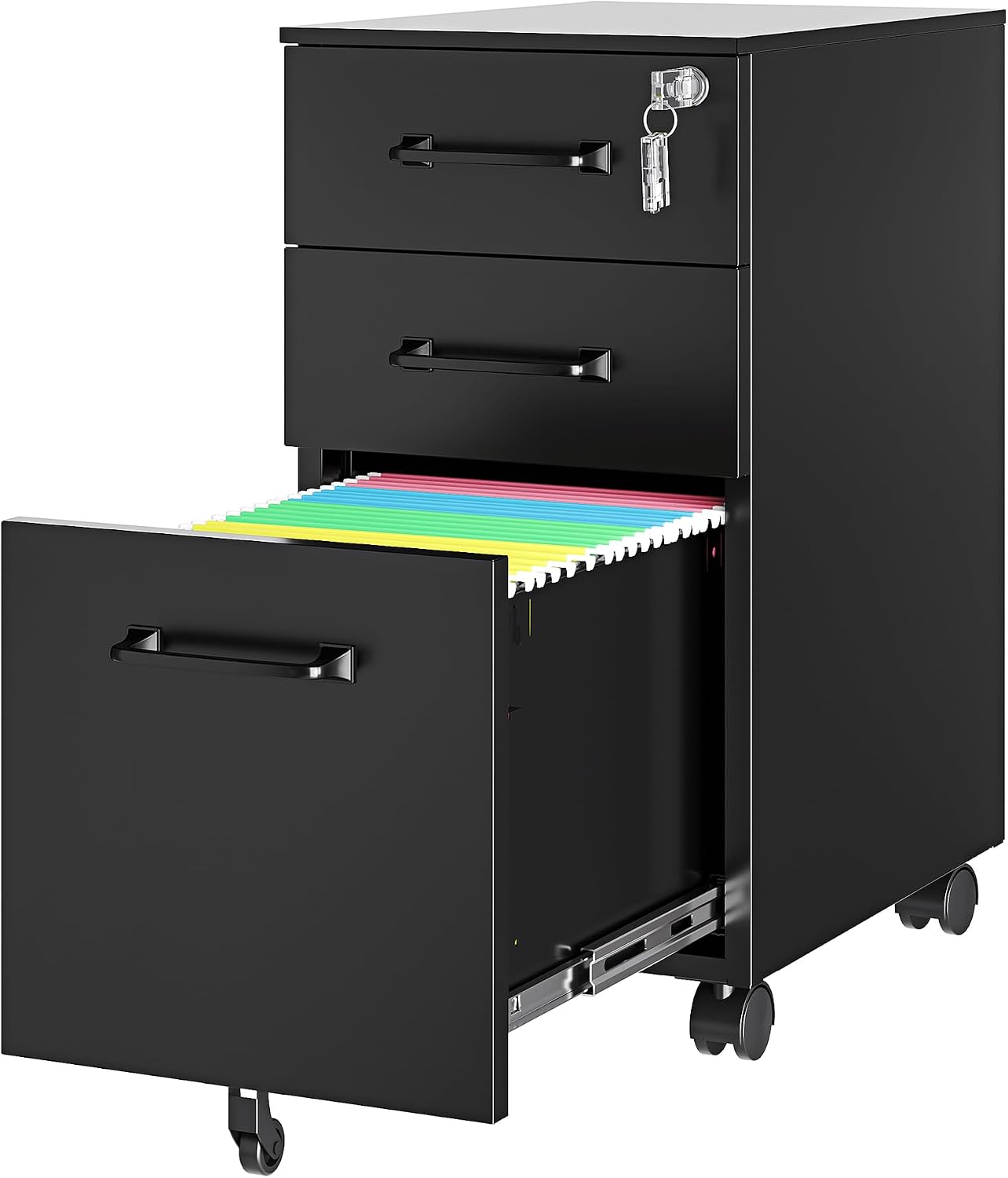 3 Drawer File Cabinet with Lock,Mobile Lateral Filing Cabinet with Side Hook for Letters/Legal/A4, Metal Printer Stand Storage Cabinets with Shelves for Home Office(Black)