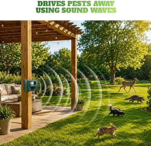 ASPECTEK Yard Sentinel Ultrasonic Animal Repeller with Strobe Light, 3 Mode Protection, Motion Sensor, Deterrent for Deer, Raccoons, Squirrels and Opossums AC and Battery Powered - 1 Pack