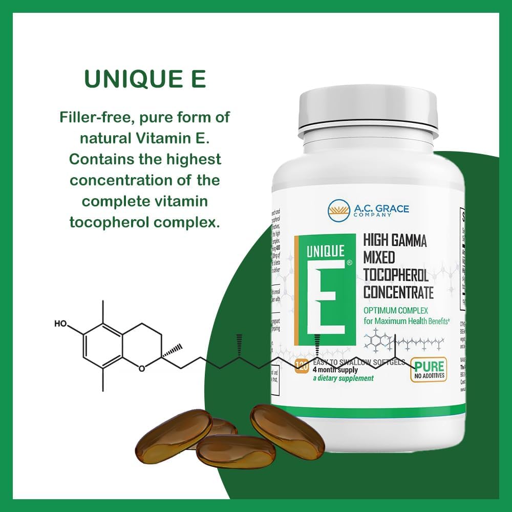 UNIQUE E A.C. Grace Company Mixed Tocopherols 120 Soft Gels, Supports Healthy Brain Function, General Health, and Aging Support