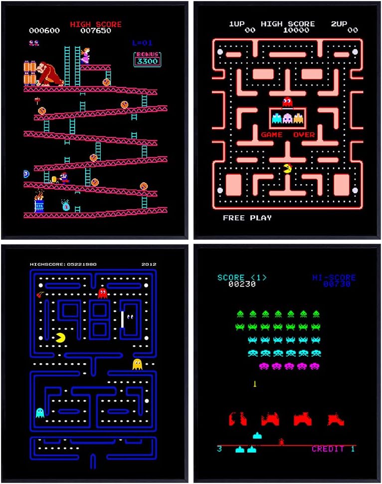 Classic Arcade Games Wall Art Prints - Arcade Decor - 8x10 Set for Man Cave, Den, Family Room, Bar, Bedroom - Gift for Gamers, Video Game, Pacman