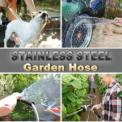 TheFitLife Flexible Metal Garden Water Hose - Upgrade Leak and Fray Resistant Design, Stainless Steel with Solid Fittings and Sprayer Nozzle