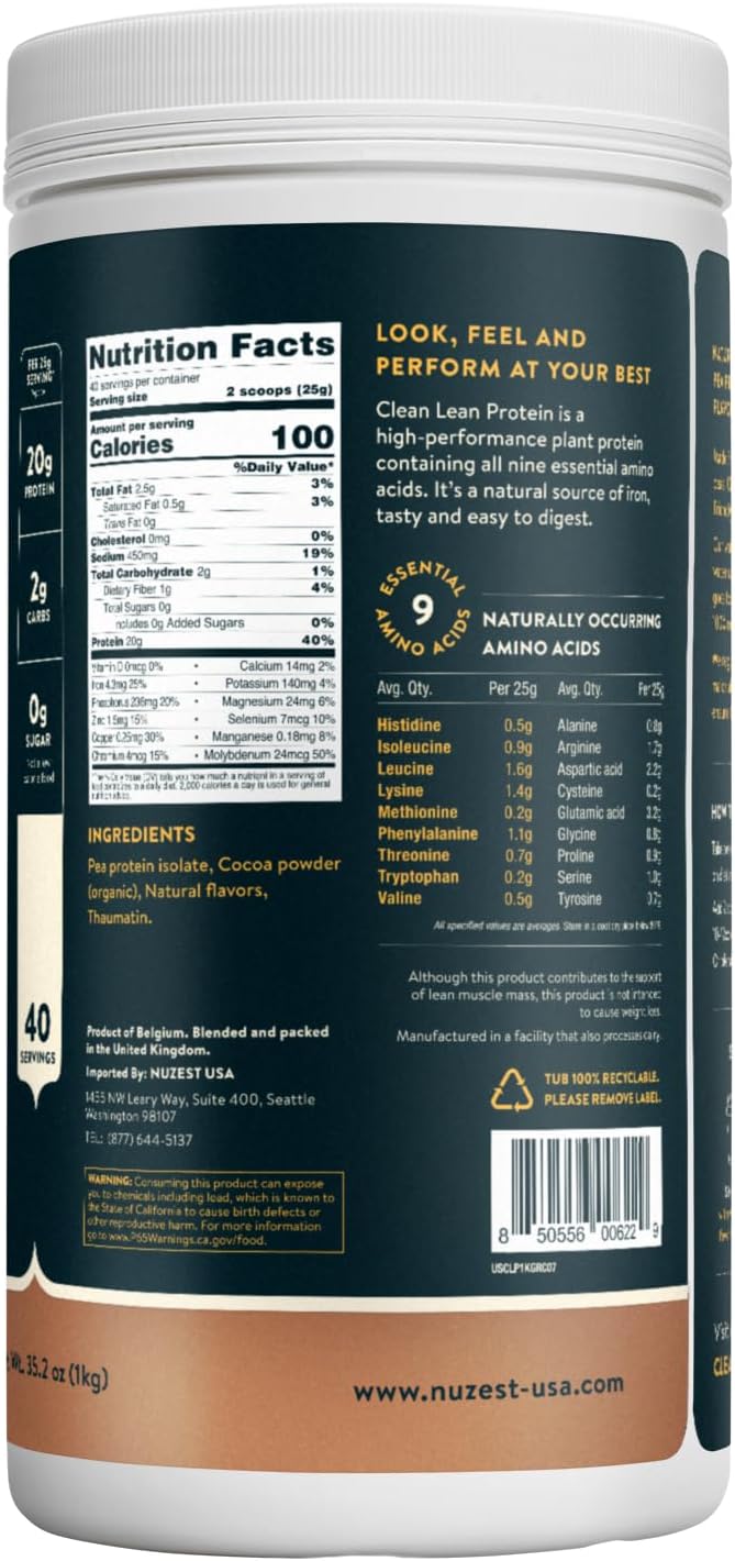Nuzest Clean Lean Protein - Vegan Pea Protein Powder Rich Chocolate 1.1 lb | 20 Servings with 18g Protein Plant Based Protein Powder, Only 4 Ingredients, Dairy Free, Gluten Free, GMO Free, Protein Shake