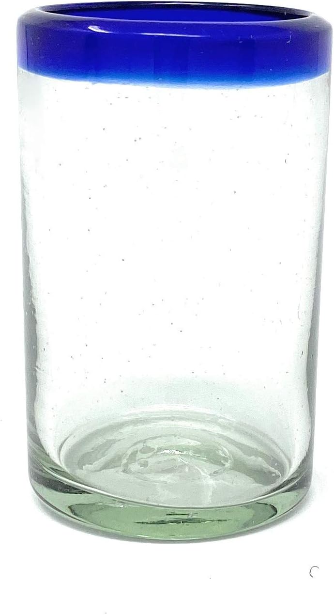 Hand Blown Mexican Drinking Glasses - Set of 6 Juice Glasses with Cobalt Blue Rims (8 oz each)