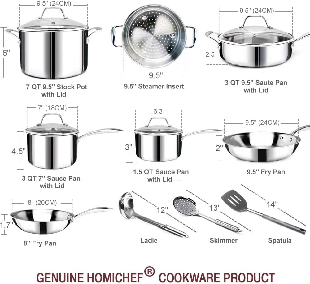 HOMICHEF 14-Piece Nickel Free Stainless Steel Cookware Set Whole-Clad 3-Ply - Mirror Polished Pots And Pans Set - Healthy Cookware Set With Steamer