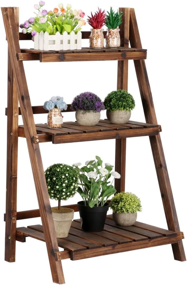 Yaheetech Wooden Plant Stand, 3-Tier Foldable Ladder Shelf, Indoor Outdoor | 23.6 x 15 x 36.6 in Plant Ladder for Pots and Flowers