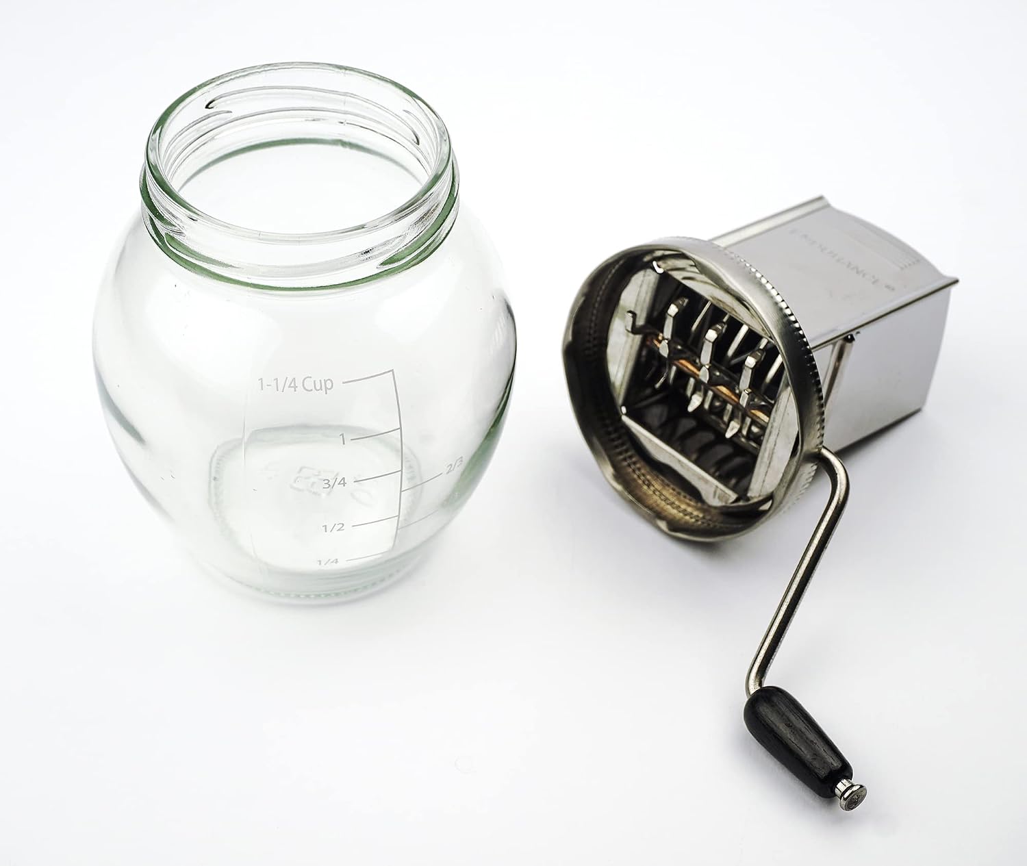 RSVP International Endurance Vintage Inspired Nut Grinder, 1.25 Cup Capacity, Glass Bottom