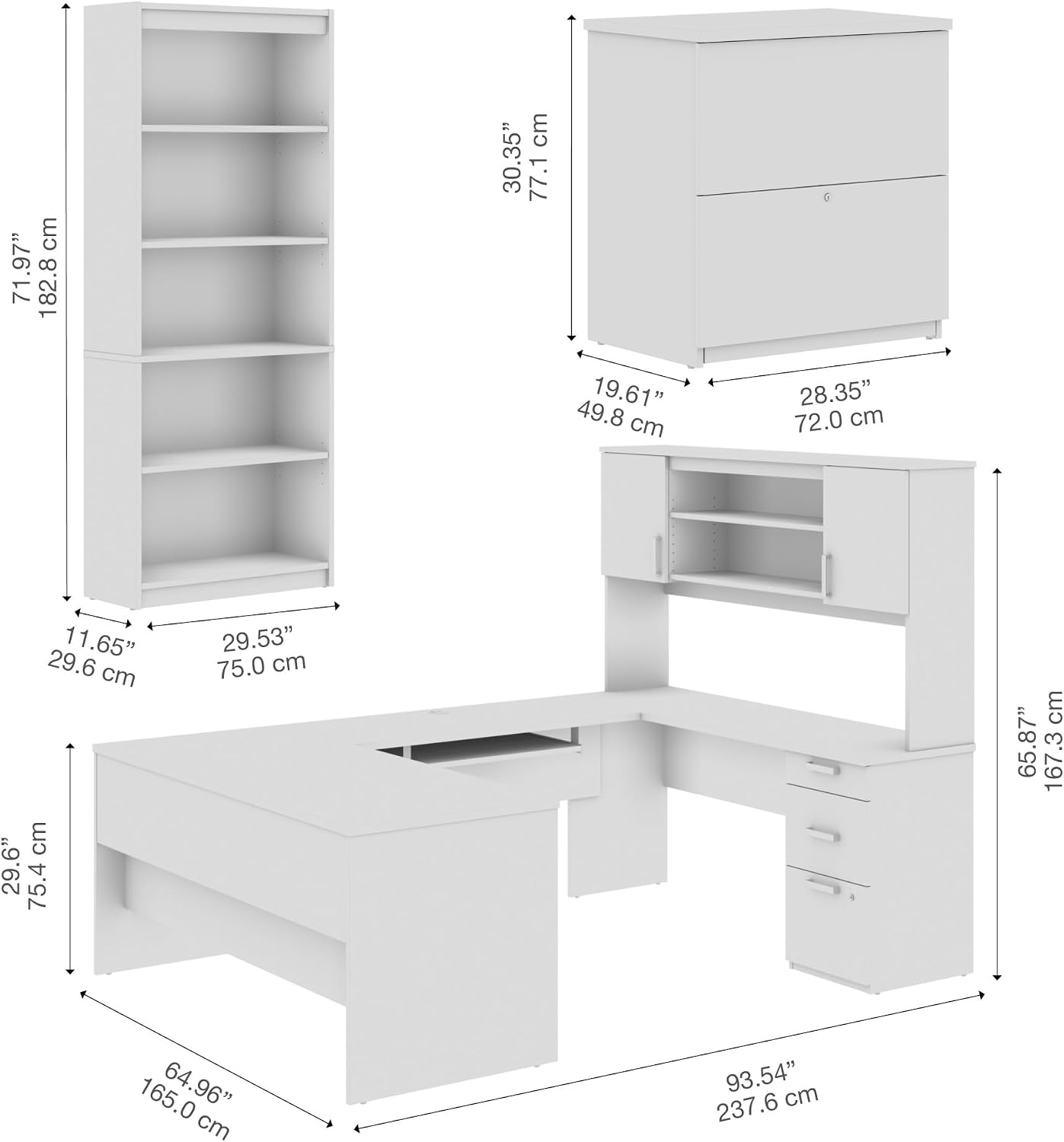 Bestar, Ridgeley Collection, 3-Piece Set Including a U-Shaped Desk with Hutch, a Lateral File Cabinet, and a Bookcase