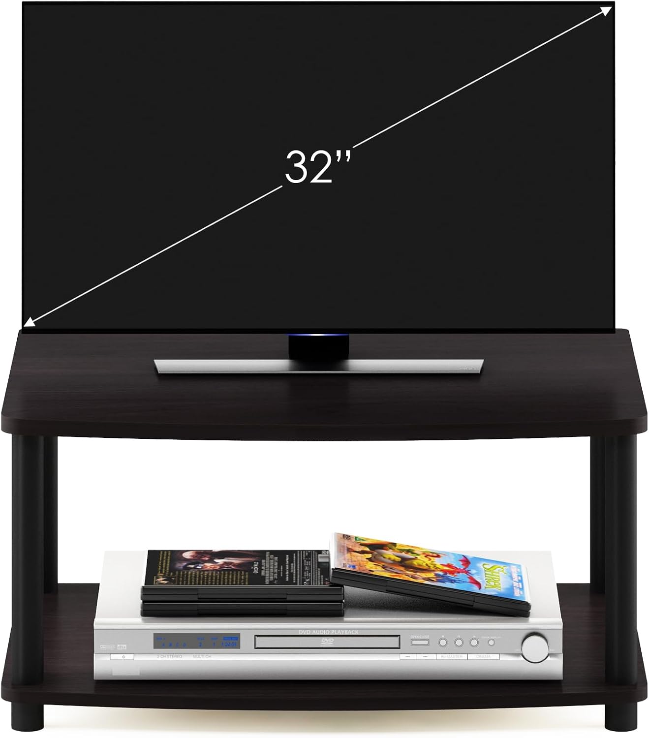 Furinno Turn-N-Tube TV Riser Stand, 2-Tier Small Elevated No Tools TV Stand, TV Console for TV up to 32 inch, 15.8 x 23.8 x 11, for Living Room, Bedroom, French Oak/Black