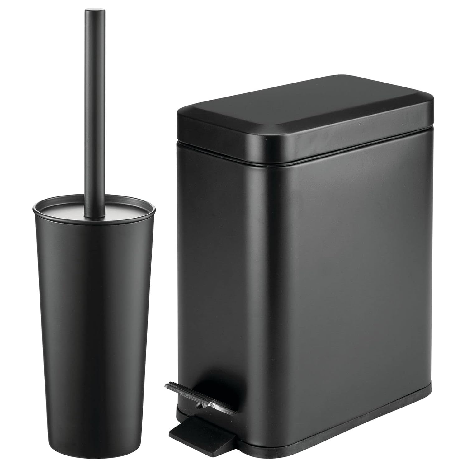 mDesign Metal Freestanding Slim Toilet Bowl Brush and Holder + Rectangle Narrow 5 Liter / 1.3 Gallon Step Pedal Trash Can Wastebasket for Bathroom