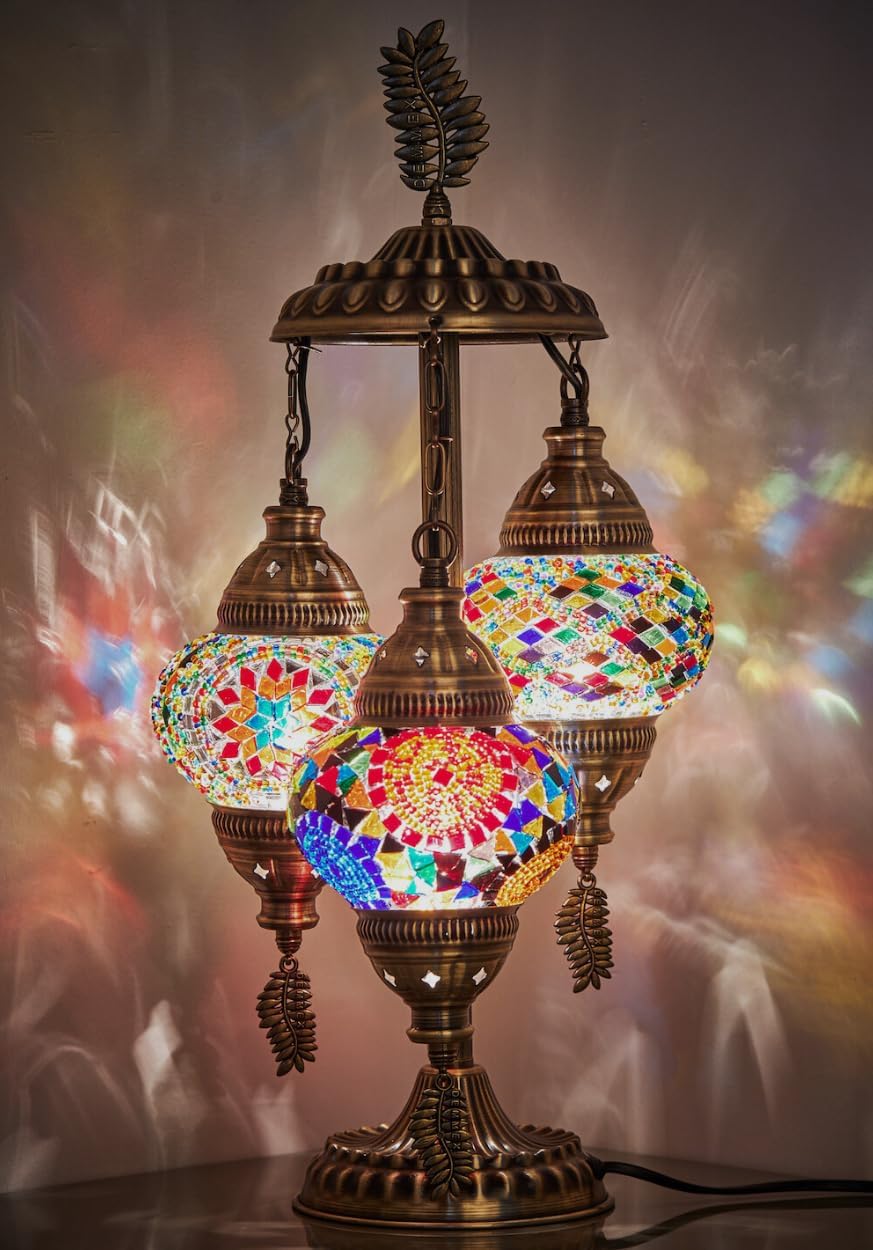DEMMEX 3-Globe Turkish Moroccan Table Lamp, Tiffany Mosaic Glass Bedside Night Light, Handmade Colorful Mosaic Glass Globes & Antique Brass Finish Base, 21" H, Multicolor