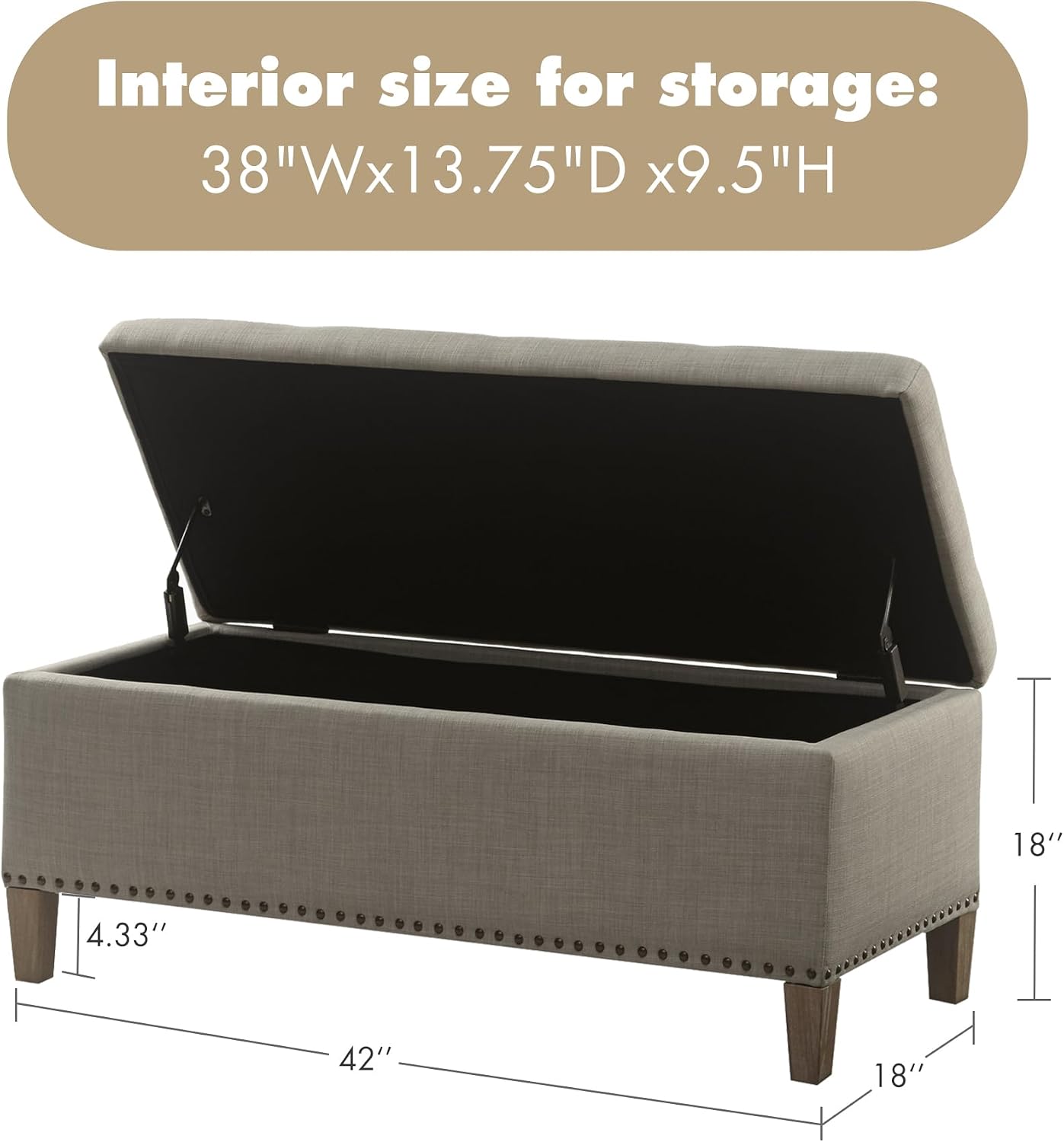 Madison Park 49" Upholstered Storage Bench, Button Tufted End of Bed Bench with Storage, Dual Spring Soft-Close Lid, Bedroom Bench for Queen King Bed, Entryway Living Room, Grey