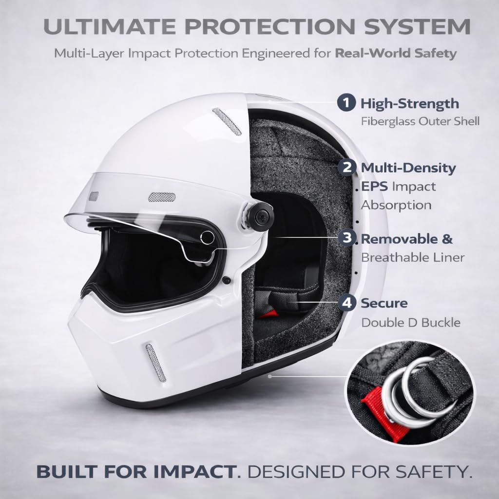 CRG Sports Retro Full Face Motorcycle Helmet, DOT Approved Fiberglass Street Bike Helmet with Clear Visor, Lightweight Cafe Racer Cruiser Motorcycle Helmet