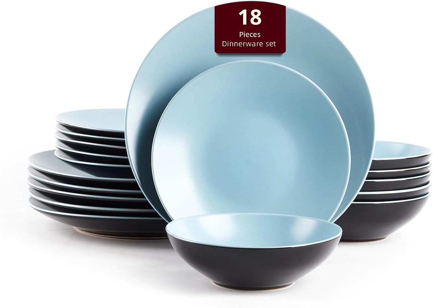 Stoneware Two-Tone Colors Life 16pc Dinner Set，Outside Shiny Black + Inside Matte Glaze Olive