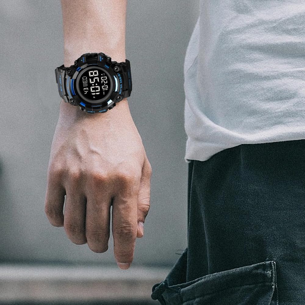 FANMIS Men's Digital 50M Waterproof Electronic Sport Watch Rubber Band Army Military 24H Time LED Light 164FT Water Resistant Calendar Date Day Watches