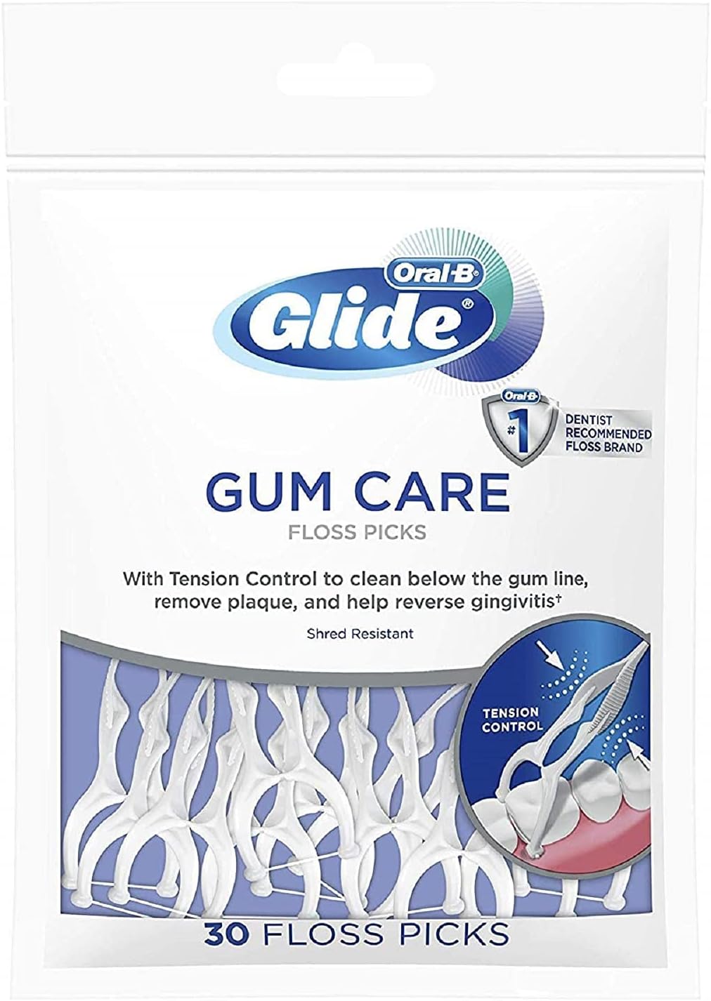 Oral B Glide Gum Care Floss Picks CleanTech Fiber Tension Control Unflavored Dental Picks Recyclable Bag 30 Count