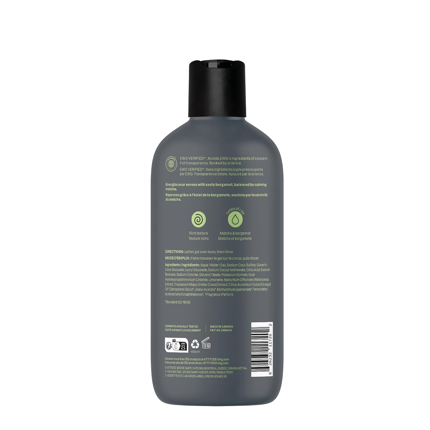 ATTITUDE Body Wash, EWG Verified Shower Gel, Dermatologically Tested, Plant and Mineral-Based, Vegan Personal Care Products, Earl Grey & Fresh Cucumber, 16 Fl Oz