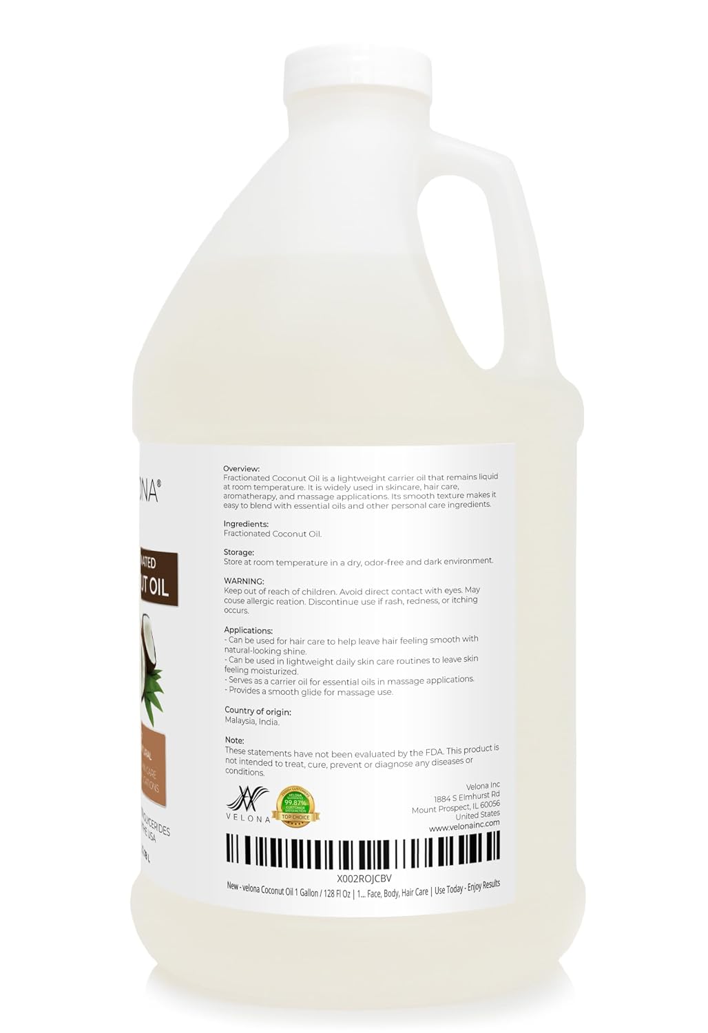 velona MCT Coconut Oil - 1 Gallon / 128 fl oz, Fractionated, Pure Natural