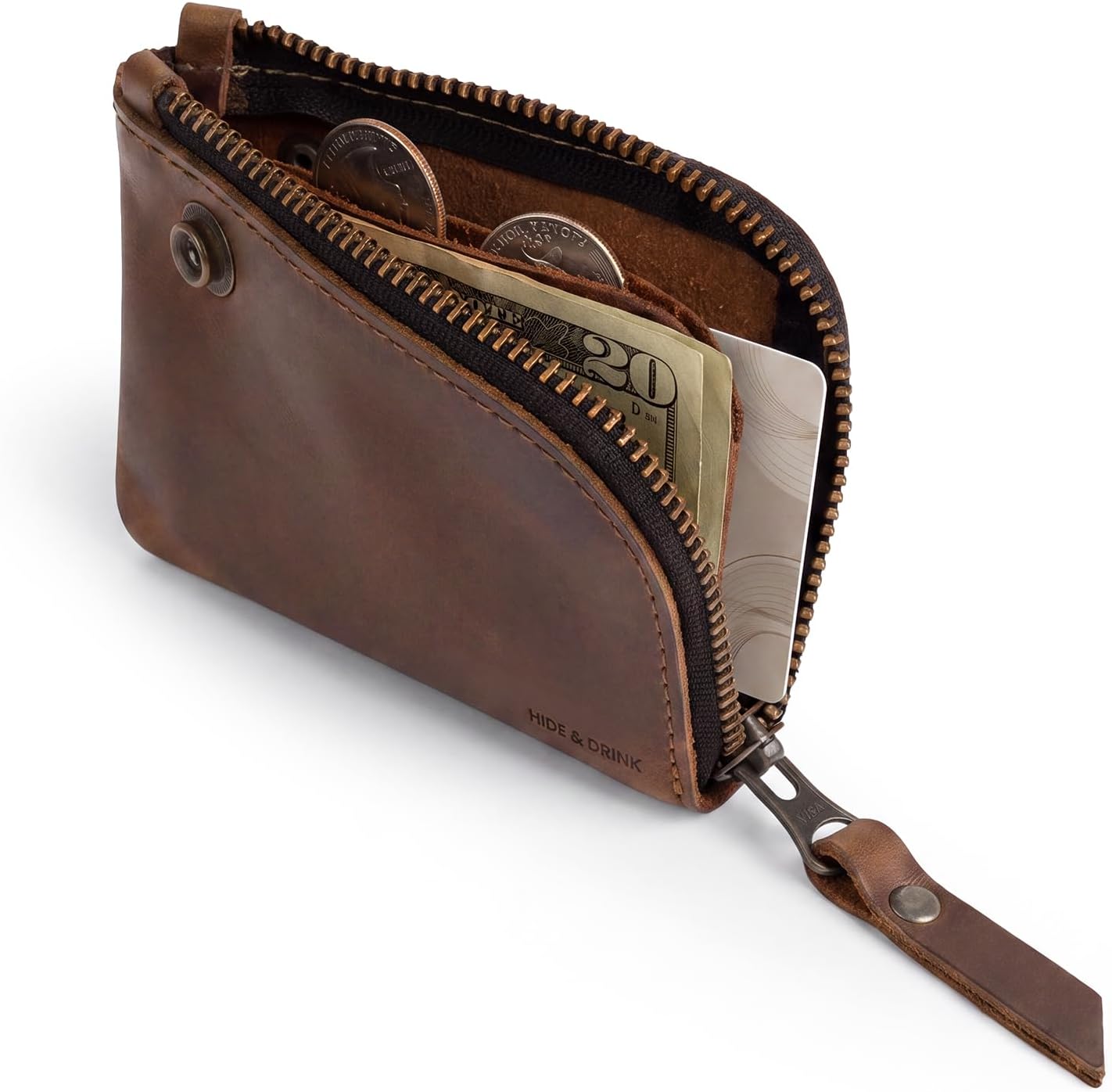 Hide & Drink, Leather Zippered Wallet, Holds Up to 6 Cards Plus Folded Bills, Pouch Organizer, Cash Holder, Travel Essentials, Mini, Pocket-Size, Handmade (Bourbon Brown)