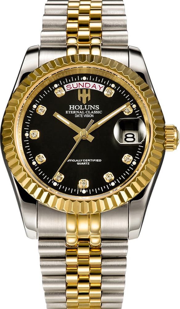 41MM Men's Gold Plated Stainless Steel Waterproof Quartz Watch Luxury Wristwatch with Date Week Display