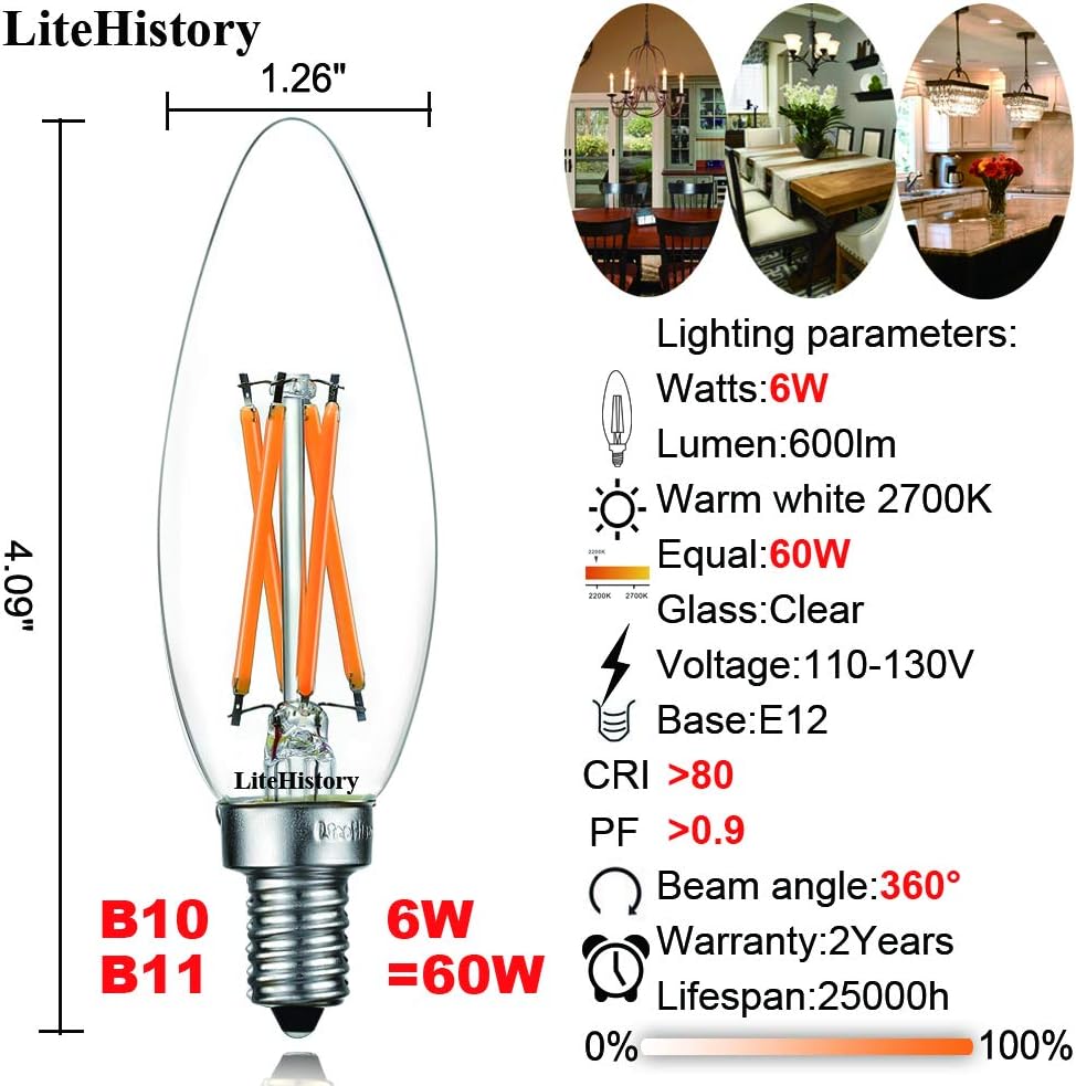 LiteHistory B10 E12 Led Bulb,Light Bulbs 60 watt Soft White,Dimmable,2700K | 6w=60w Led Light Bulbs,600lm,AC120V,360°,ETL,B11,Candelabra Light Bulbs for Chandelier Light Bulbs,Ceiling Fan,Pendant,12Pack