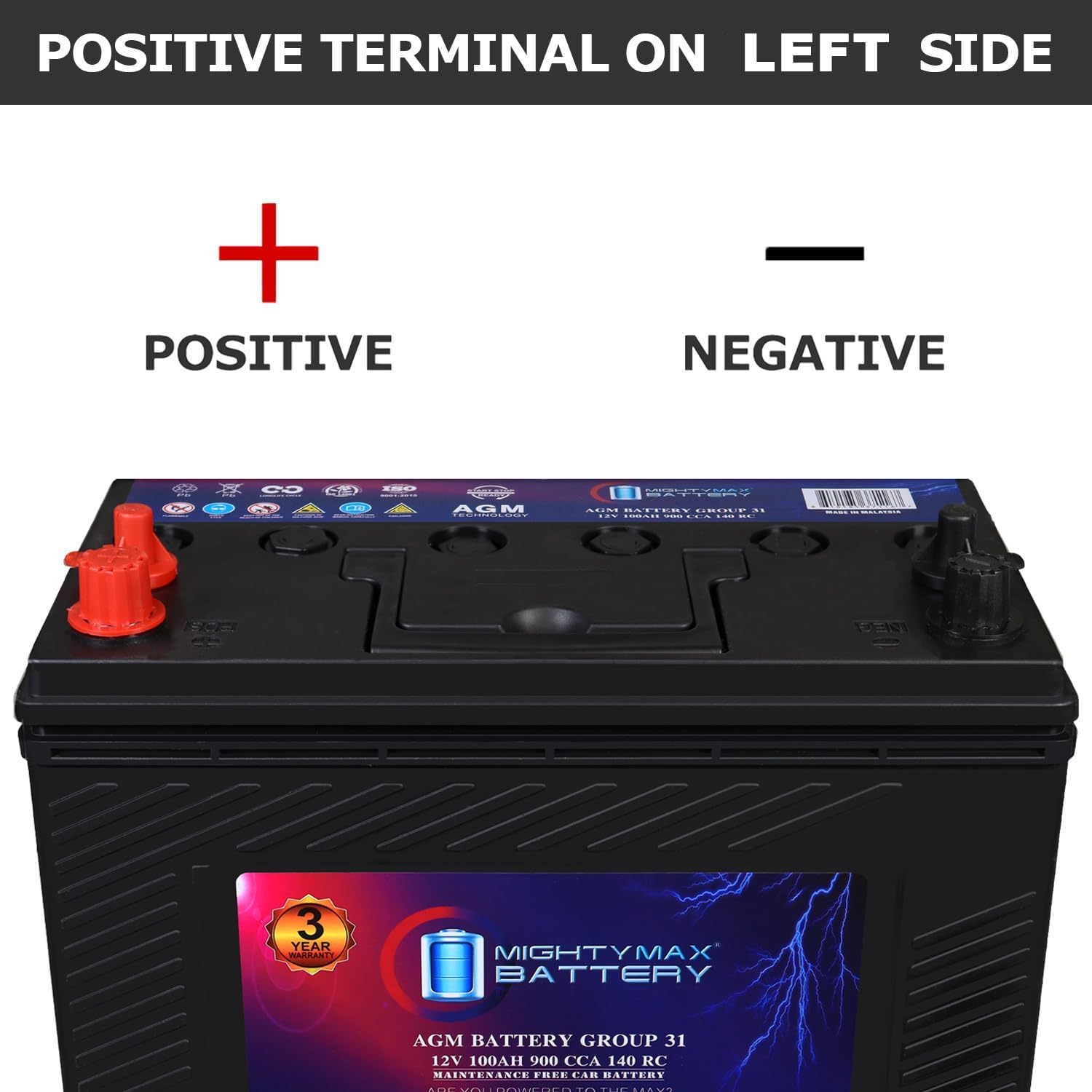 Mighty Max Battery MM-H8 Start and Stop Car BCI Group 49 12V 95Ah, 160RC, 900 CCA Rechargeable AGM Car Battery