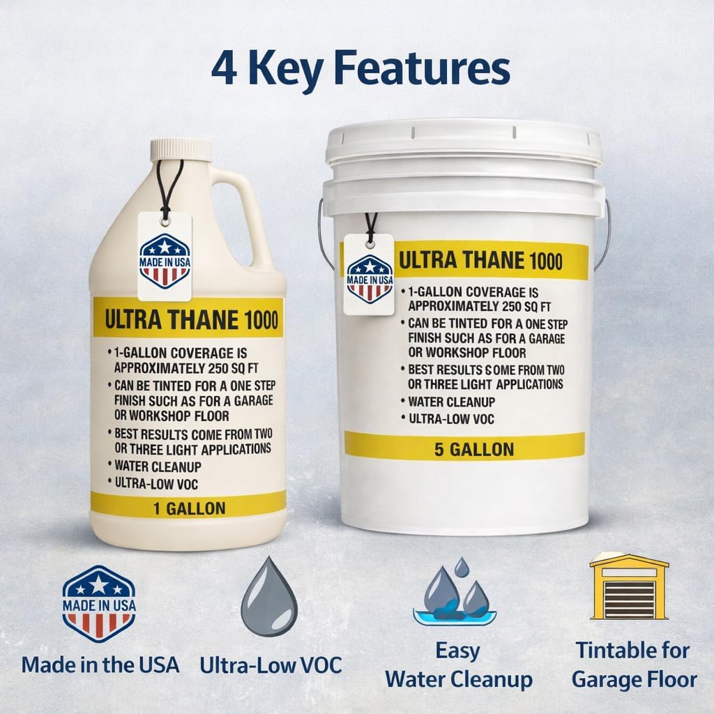 Ultra Thane 1000 Single Component Polyurethane Concrete Floor Sealer –UV & Stain-Resistant Aliphatic Urethane – Clear Protective Finish for Concrete, Overlays & Microtoppings - 5 Gallon