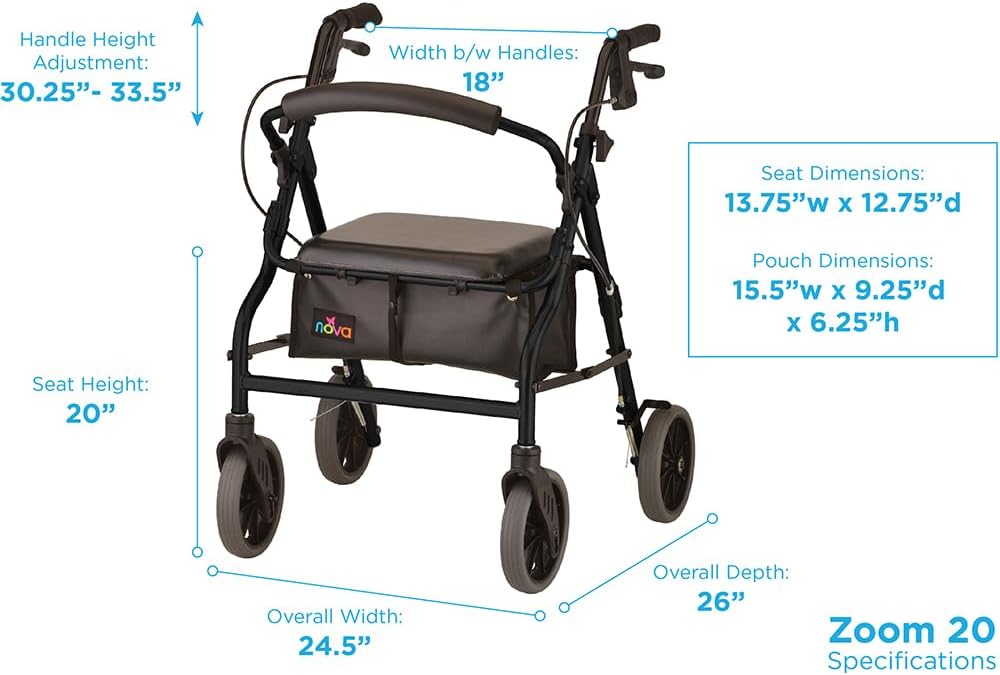 NOVA Zoom 22 Rollator Walker for Seniors, Rolling Walker with Locking Hand Brakes, Padded Seat & 8" Wheels, Lock N Load for Easy Transport & Storage, Adjustable Height 5'5"–6'1", Red